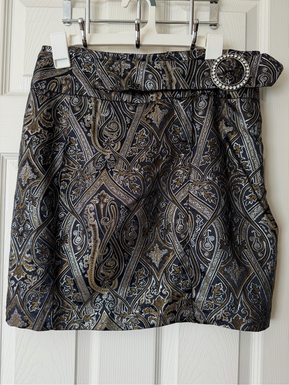 Cache Black and Gold Paisley Mini Skirt with Decorative Belt